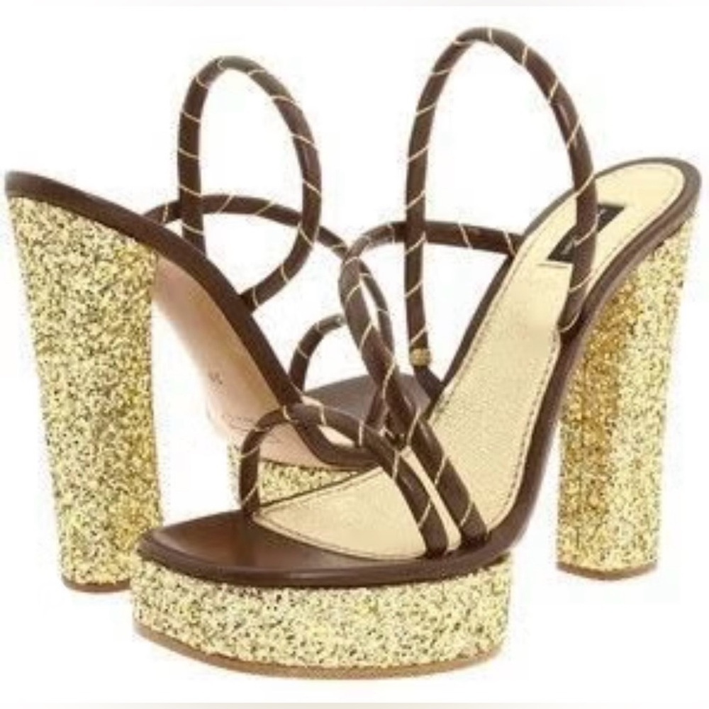Marc Jacobs Brown Strappy Platform Block Heel Gold Glitter Sandal EU 37.5 US7.5